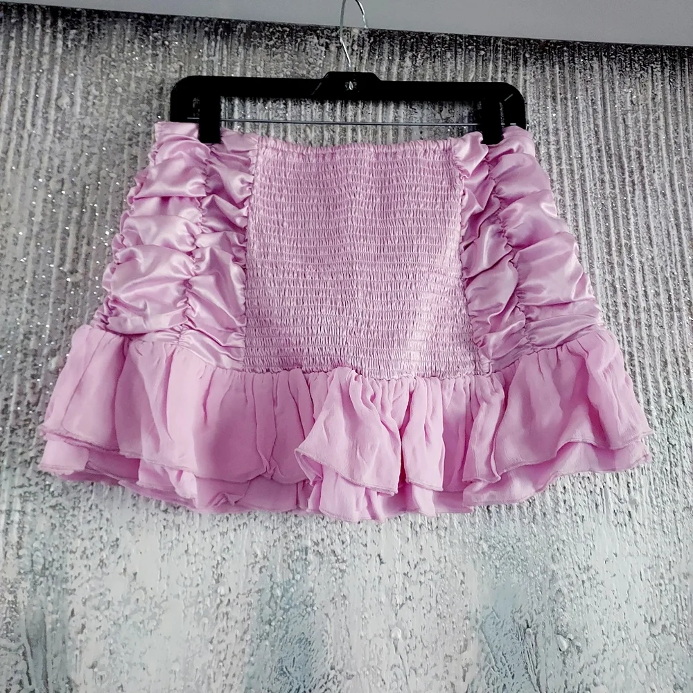 Maeve Pink/rose Chiffon Smocked Ruffle Satin Mini Skirt Sz-M